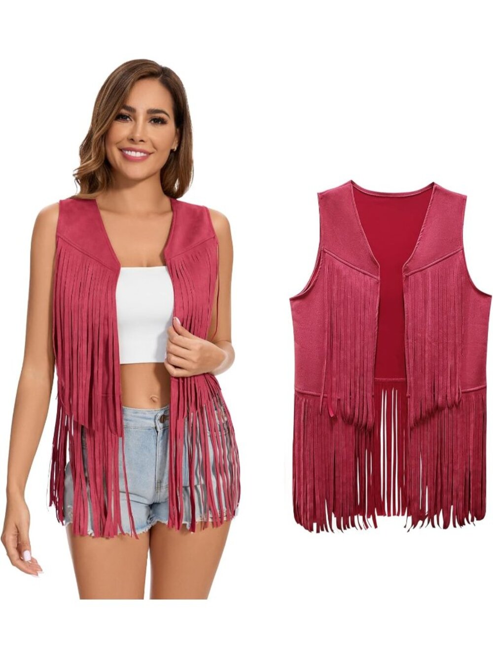 Women's Red Fringe Vest 60s 70s Hippie Vest Sleeveless Cowgirl Western Jacket